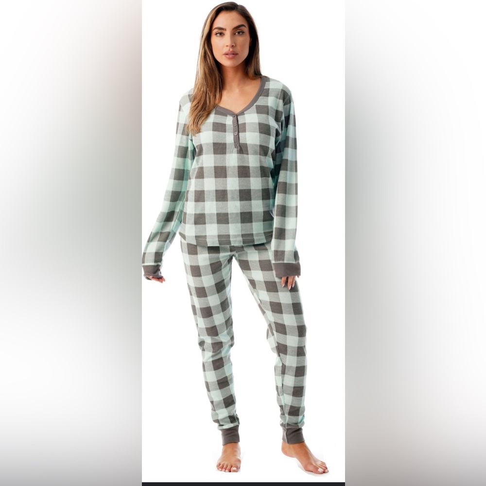 #FOLLOWME PRINTED HENLEY THERMAL UNDERWEAR SET  WOMEN BUFFALO PLAID GREEN/GRAY M